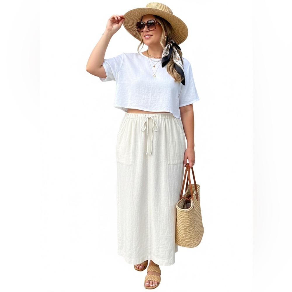 Henry White Ireland Linen Blend Midi Skirt Size 14 Drawstring Made in Ireland